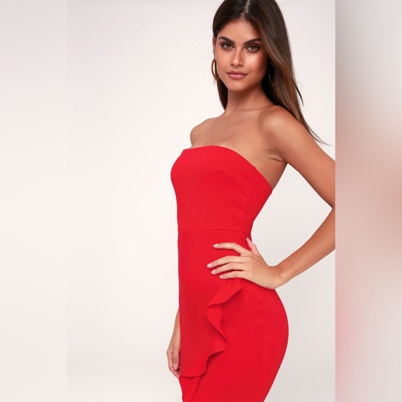 Lulu’s Anika Red Ruffled Strapless Bodycon Dress Size Small - Picture 2 of 4